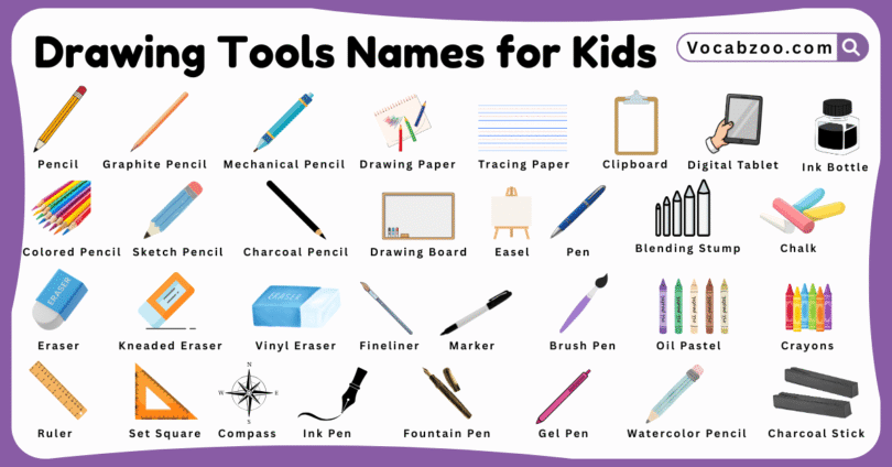 Drawing Tools Names for Kids in English with Pictures