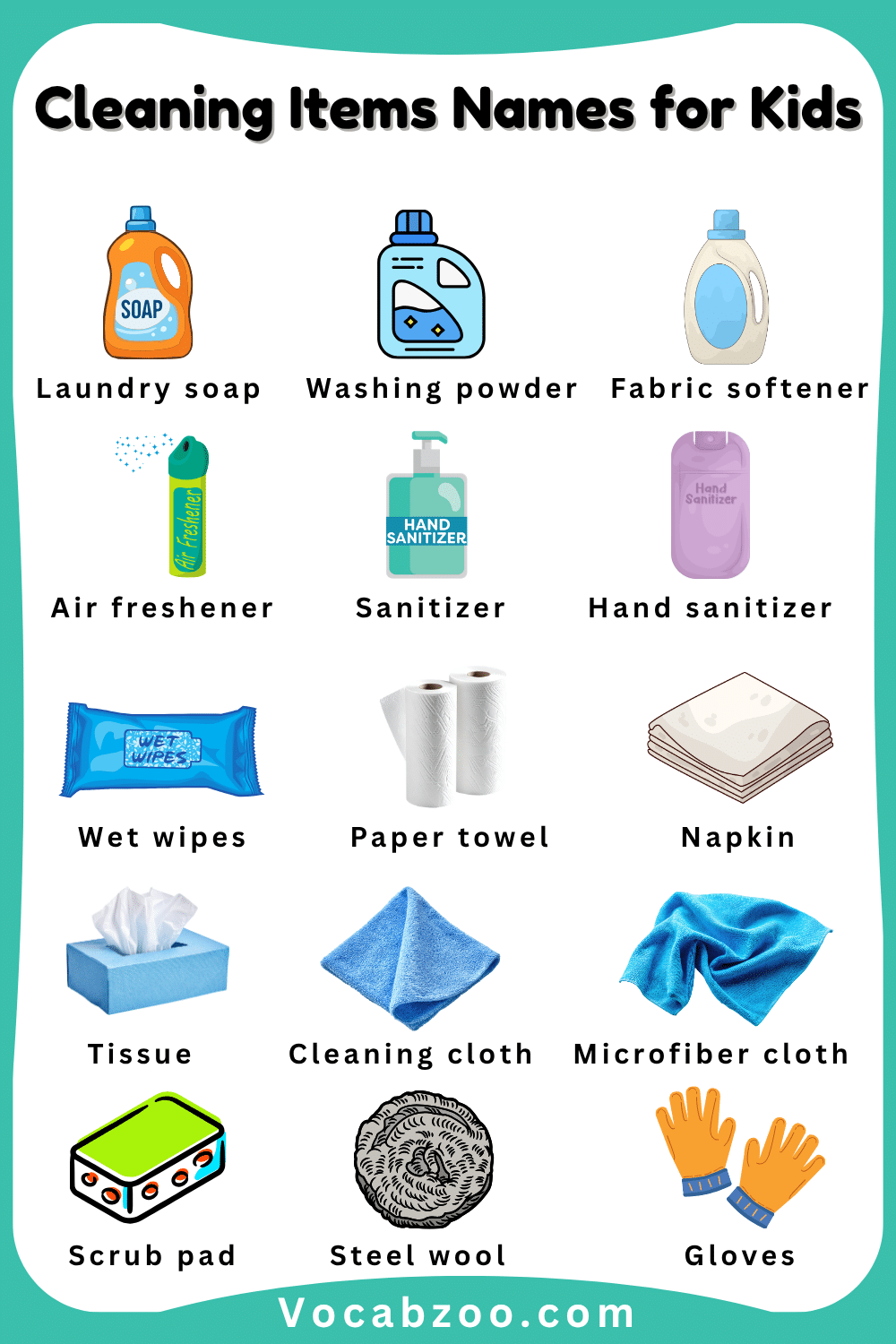 Learn Names of Cleaning Items for Kids with their Images