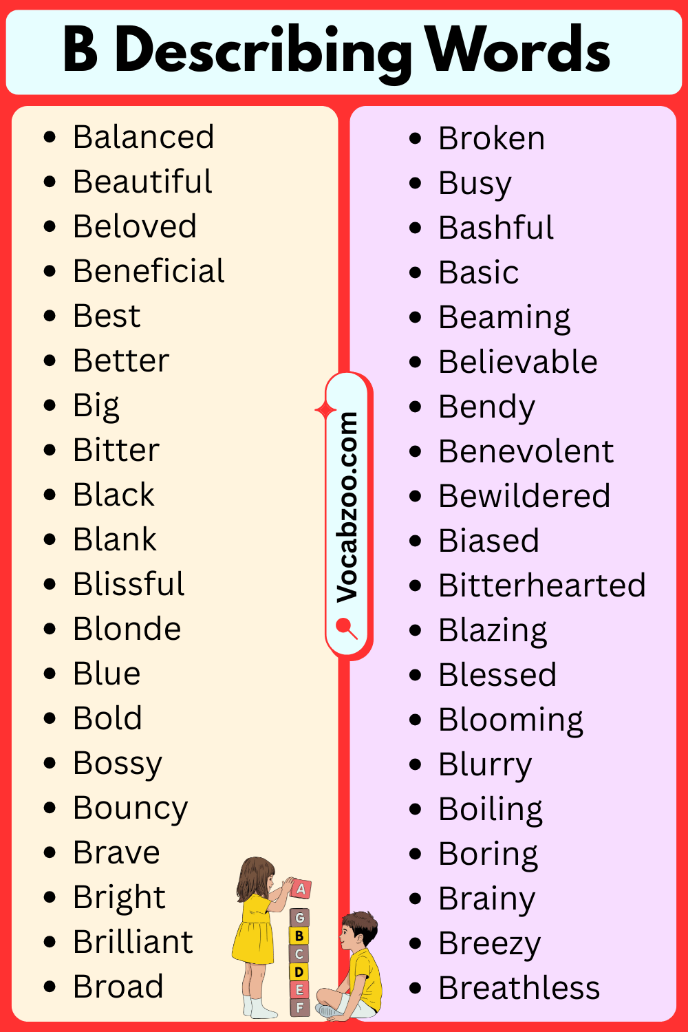 B List of Describing Words