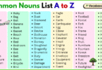 Common Nouns List A to Z in English with Pictures