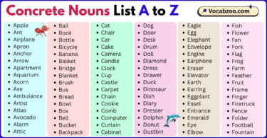 Concrete Nouns List A to Z in English with Pictures