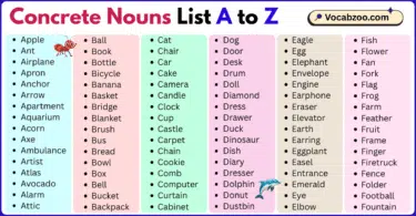 Concrete Nouns List A to Z in English with Pictures