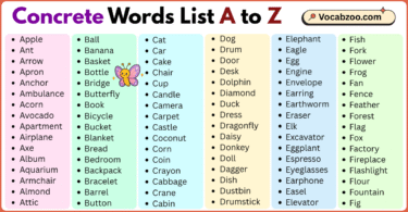 Concrete Words List A to Z in English with Pictures