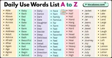 Daily Use Words List A to Z in English with Pictures