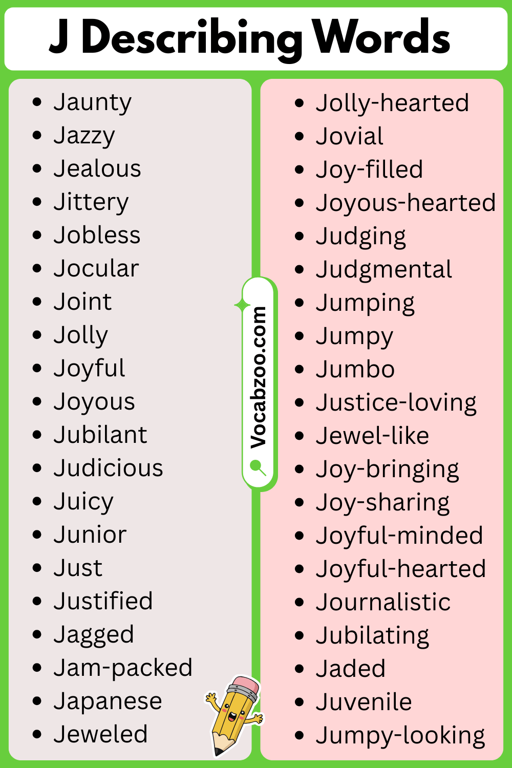 J List of Describing Words