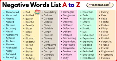 Negative Words List A to Z in English with Pictures