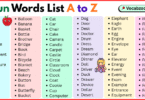 Noun List A to Z in English with Pictures