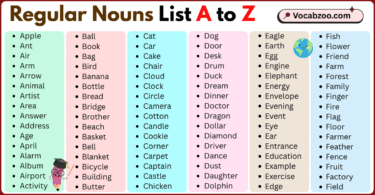 Regular Words List A to Z in English with Pictures