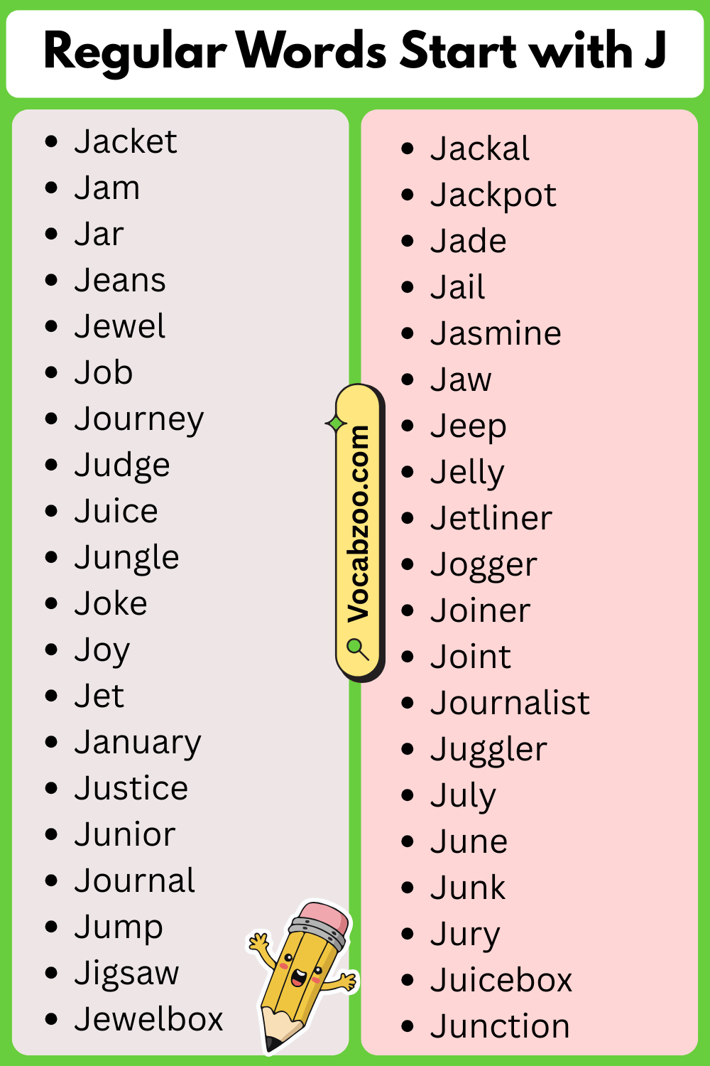 Regular Words List That Start with J