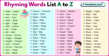Rhyming Words List A to Z in English with Pictures