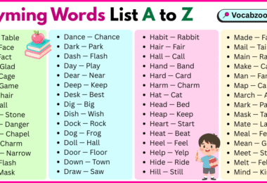Rhyming Words List A to Z in English with Pictures