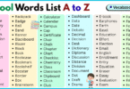 School Words List A to Z in English with Pictures