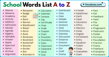 School Words List A to Z in English with Pictures