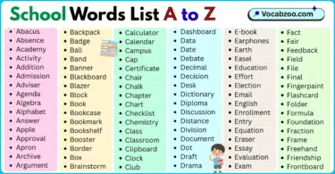 School Words List A to Z in English with Pictures