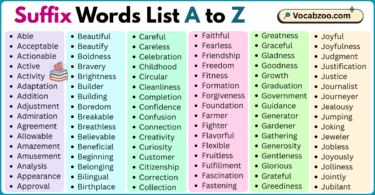 Suffix Words List A to Z in English with Pictures