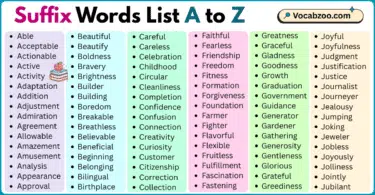 Suffix Words List A to Z in English with Pictures