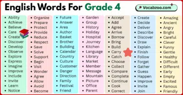 200 English words for grade 4 with pictures and PDF