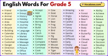 200 English words for grade 5 with pictures and PDF