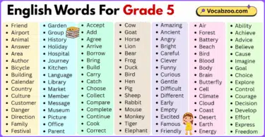 200 English words for grade 5 with pictures and PDF