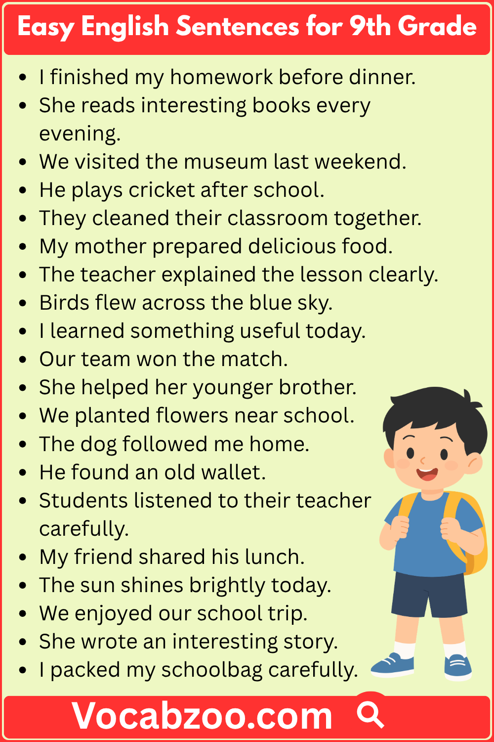 Easy English Sentences for 9th Grade