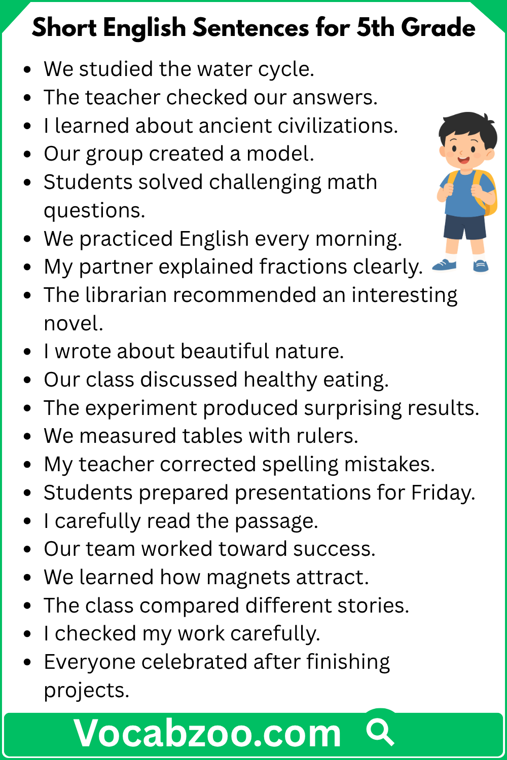 Short English Sentences for 5th Grade